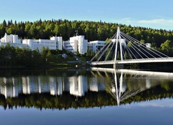 Rzeka, Vantaa, Most, Budynki, Las, Przebijające, Światło
