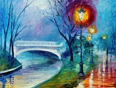 Park, Most, Leonid Afremov, Obraz, Olej