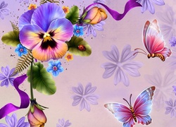 Grafika, Motyle, Biedronka, Kwiaty