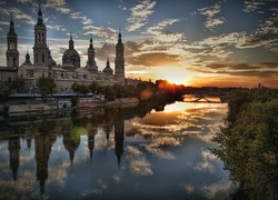 Hiszpania, Saragossa, Kościół, Rzeka, Zachód Słońca