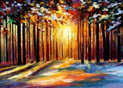 Las, Światło, Leonid Afremov, Obraz, Olej