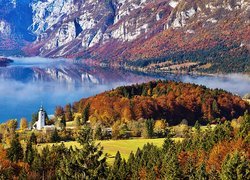 Góry, Jezioro, Bohinj, Las, Kościół, Jesień