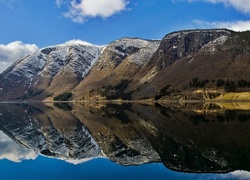 Góry, Las, Ulvikfjord, Łódka, Obłoki, Odbicie