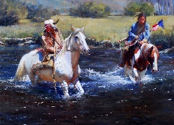 Malarstwo, Konie, Indianie, Rzeka