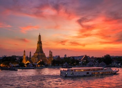 Świątynia, Wat Arun, Statek, Zachód, Słońca, Bankok, Tajlandia