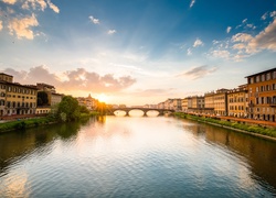 Rzeka, Most, Domy, Promienie, Słońca, Florencja, Włochy