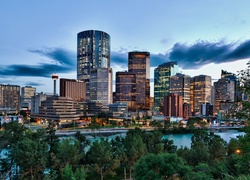 Calgary, Panorama, Miasta, Rzeka, Bow, Chmury, Drzewa