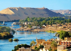 Egipt, Aswan, Domy, Rzeka, Pustynia, Łódki, Drzewa