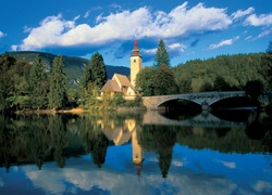 Jezioro, Bohinj, Most, Kościół, Las