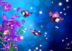 Fioletowe, Kwiaty, Motyle, Art