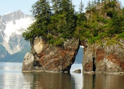 Góry, Skały, Jezioro, Drzewa, Alaska