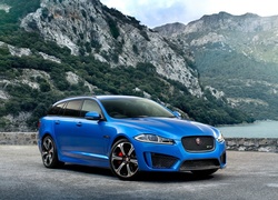 Niebieski, Samochód, Jaguar, XFR-S-Sportbrake, Góry