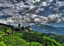 Wioska, Łąki, Pola, Góry, Chmury, Południowy, Tyrol, Austria