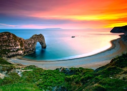 Anglia, Wybrzeże Jurajskie, Morze, Zachód słońca, Durdle Door, Plaża, Skały