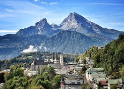Berchtesgaden, Panorama, Miasteczka, Góry, Lasy, Mgła