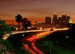 Los Angeles, Panorama, Miasta, Nocą, Arterie, Komunikacyjne, Drzewa