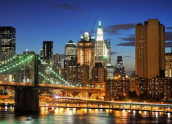 Nowy, York, Manhattan, Panorama, Miasta, Nocą, Rzeka, Most, Brooklyn