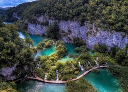 Jeziora, Pomost, Skały, Park Narodowy Jezior Plitvickich,, Plitvice, Chorwacja