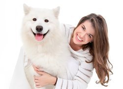 Uśmiechnięta, Kobieta, Pies, Samojed