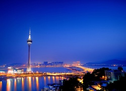 Wieża, Most, Morze, Makao, Panorama, Noc, Chiny