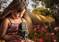 Dziewczynka, Aparat, Fotograficzny, Kwiaty