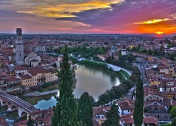 Domy, Rzeka, Zachód, Słońca, Verona, Panorama, Miasta, Włochy