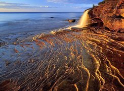 Jezioro, Górne, Skały, Wodospad, Zachód, Słońca, Michigan