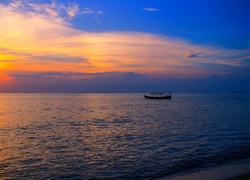 Morze, Fale, Łódka, Zachód, Słońca, Kambodża