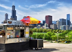 Kiosk, Park, Drzewa, Miasto, Panorama, Chicago