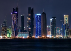 Drapacze, Chmur, Ad-Dauha, Katar, Panorama, Miasta, Noc