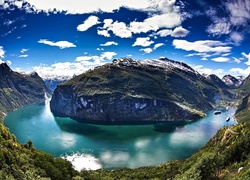 Morze, Geirangerfjord, Góry, Statki, Roślinność