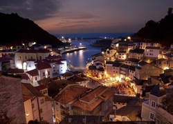 Domy, Panorama, Miasta, Góry, Zatoka, Morze, Hiszpania, Noc