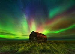 Stary, Dom, Łąka, Zorza Polarna, Islandia