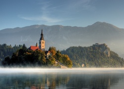 Kościół, Góry, Mgła, Jezioro, Bled, Słowenia