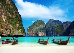 Łodzie, Morze, Skały, Tajlandia