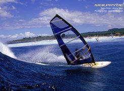Windsurfing, deska, żagiel, morze, fala