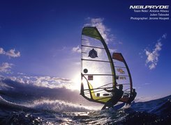 Windsurfing, deska, żagiel, morze, fala, niebo