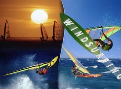 Windsurfing,deska, żagiel , morze,fala, Zachód Słońca