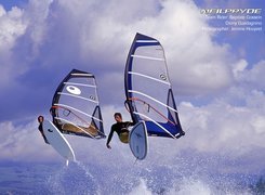 Windsurfing,deska, żagiel ,fala, Chmura, Niebo, Morze
