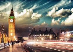 Londyn, Big Ben, Most, Noc, Ulica