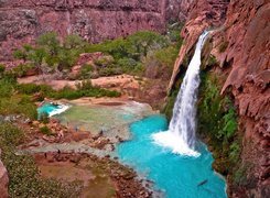 Wodospad, Havasu, Potok, Skały, Roślinność, Arizona