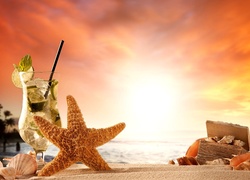 Plaża, Drink Mojito, Rozgwiazda, Kompozycja, Zachód Słońca