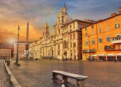 Włochy, Plac Navona, Świątynia, Domy, Obelisk, Agonalis, Lampy, Ławka