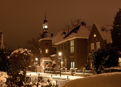 Zima, Hotel, Lansink, Hengelo, Holandia, Miasto nocą