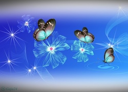 Motyle, Niebieskie Kwiaty, Grafika