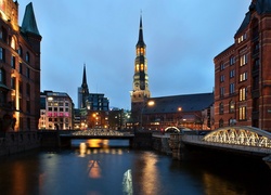 Domy, Ratusz, Rzeka, Alster, Most, Nocna Panorama, Hamburga