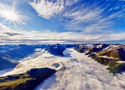 Góry, Chmury, Promienie, Słońca, Nad Fiordami, Z lotu ptaka