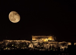 Akropol ateński, Ateny, Grecja, Księżyc, Noc, Ruiny
