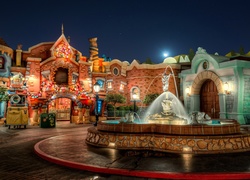 Miasto, Noc, Fontanna, Budynki, Disneyland, Kalifornia, USA