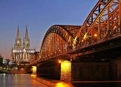 Rzeka, Ren, Most, Hohenzollern, Katedra, Fragment, Kolonii, Nocą